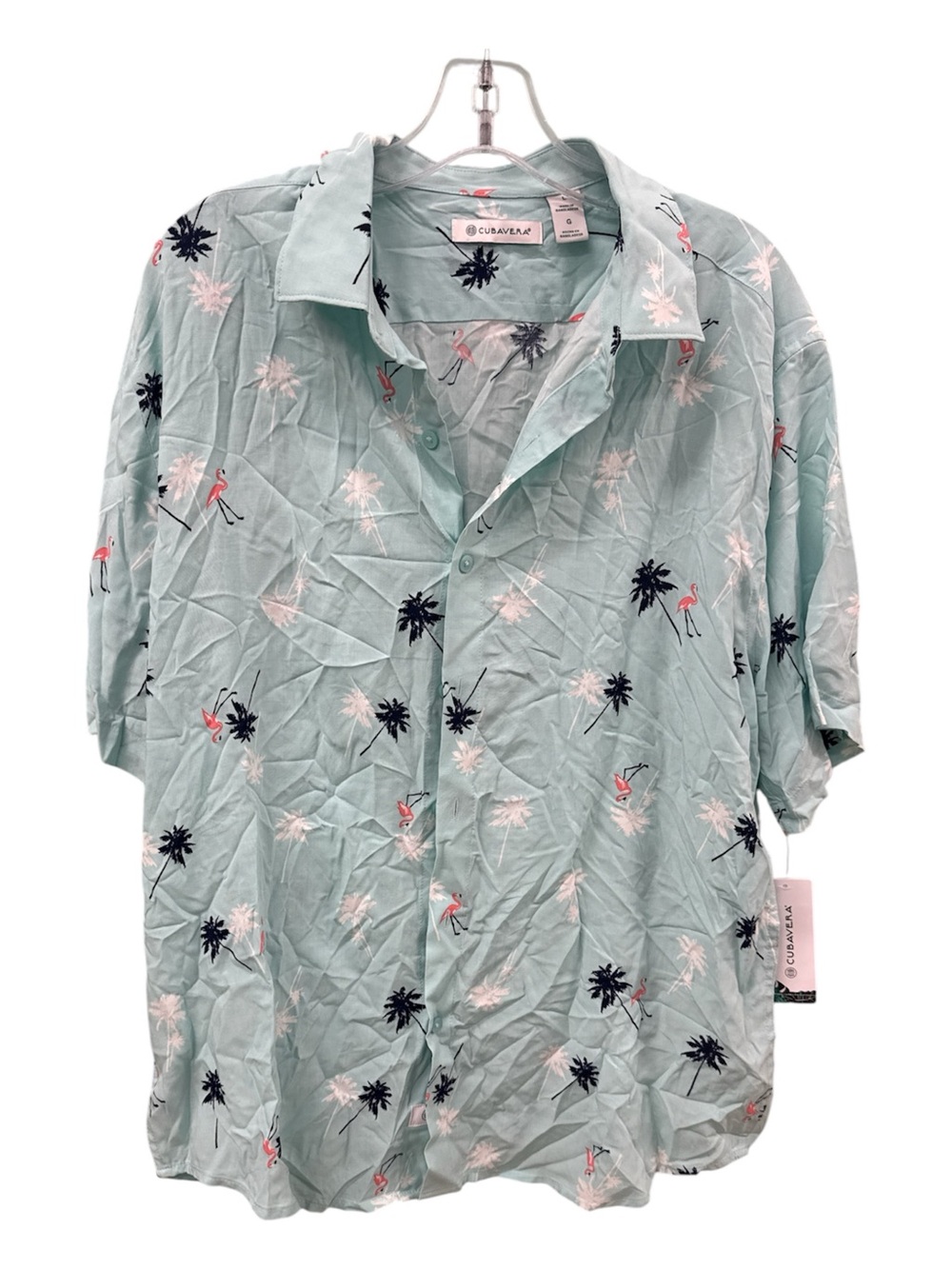 Cubavera Men's Aqua Short Sleeve Shirt with Pink Flamingo & Navy Palm Print